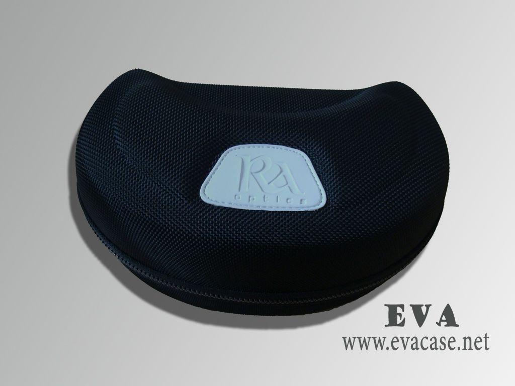 RA Optics thermal formed EVA ski goggle protector case with plastic zipper closure and leather